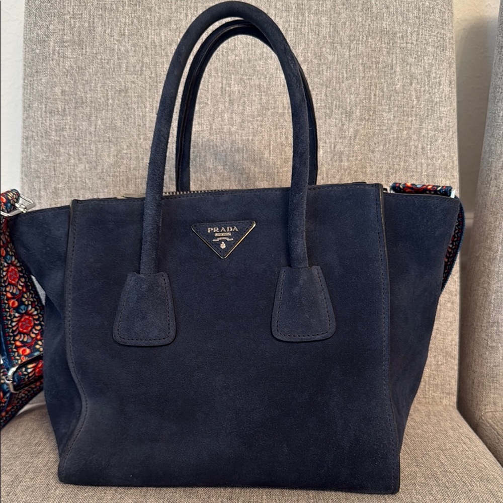 Prada Blue Twin Pocket Suede Leather Tote